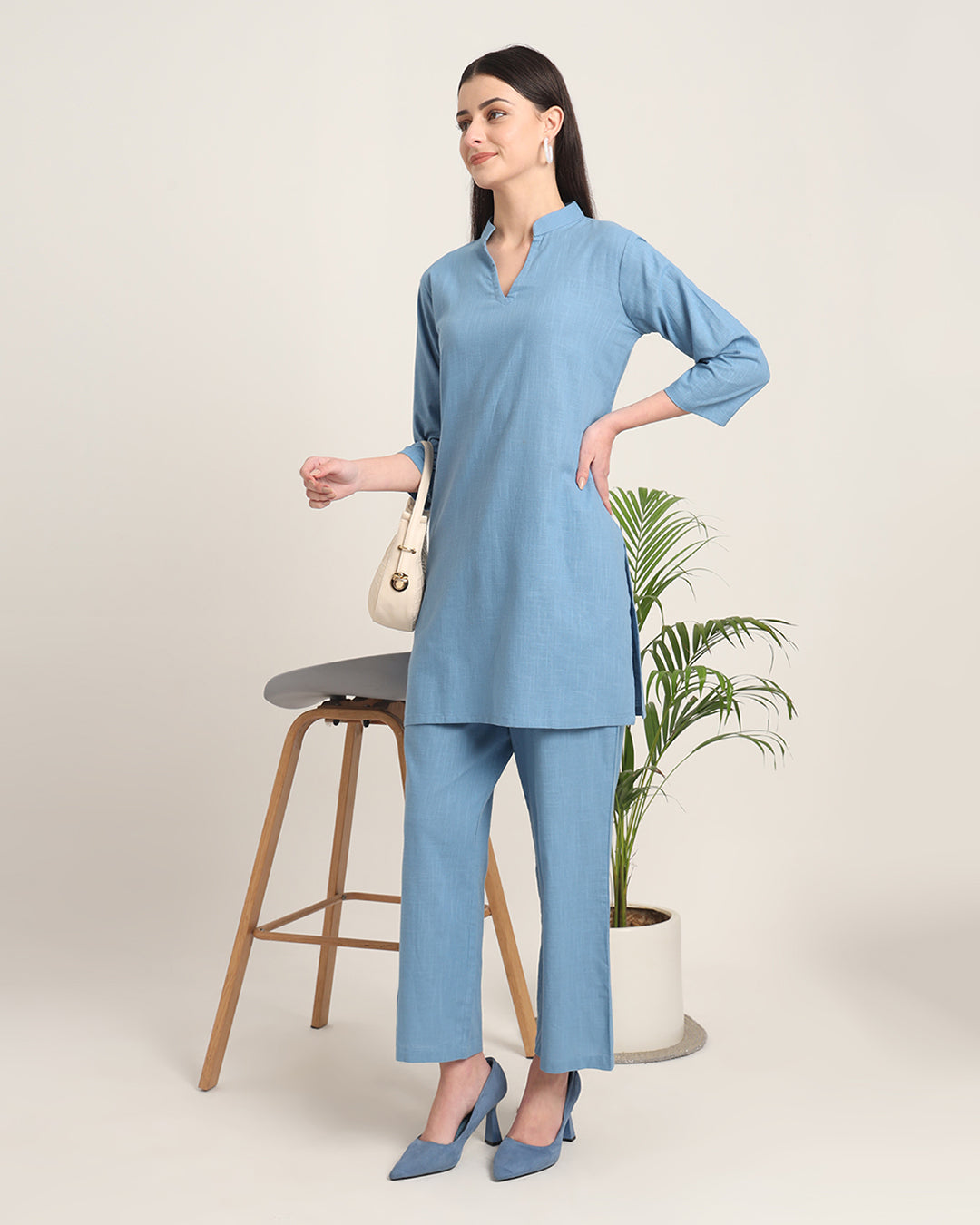 Blue Dawn Collar Neck Mid Length Solid Kurta (Without Bottoms)