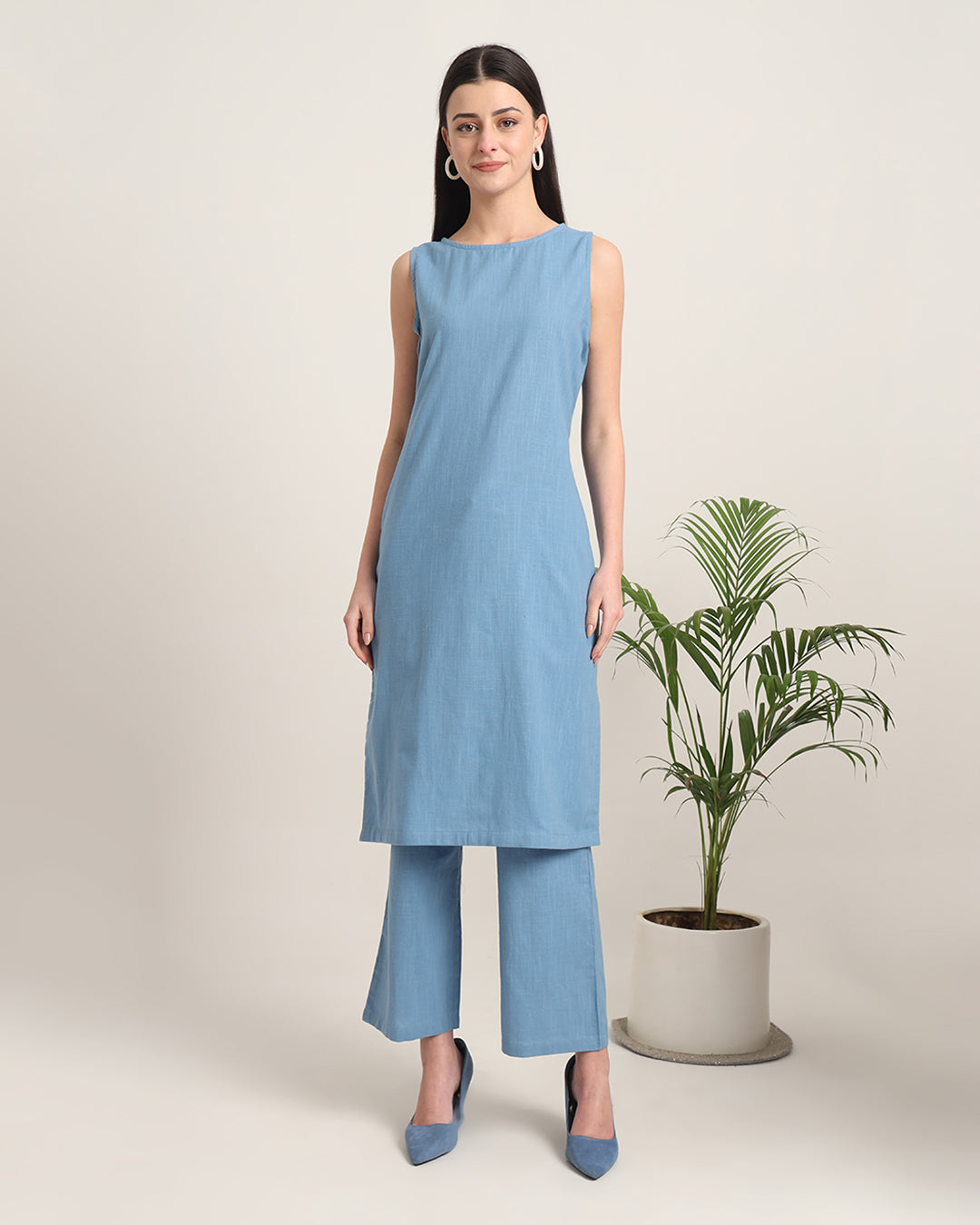 Blue Dawn Sleeveless Long Length Solid Co-ord Set