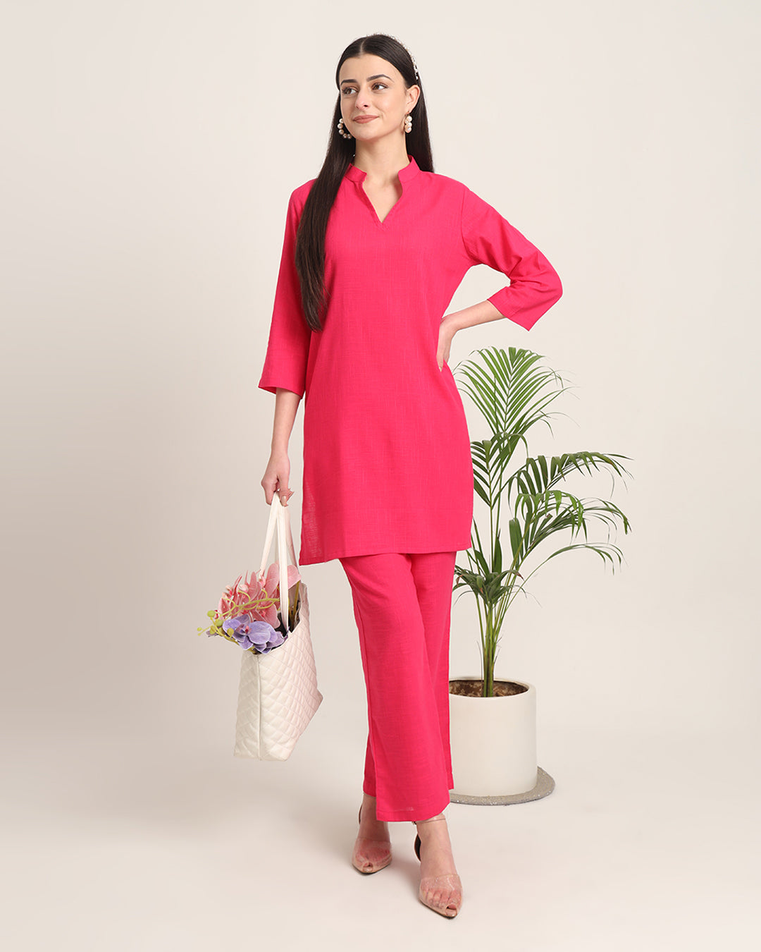 Queen's Gulabi Collar Neck Mid Length Solid Kurta (Without Bottoms)