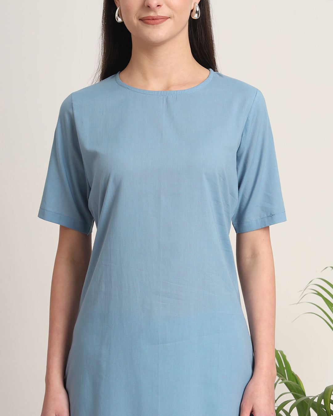 Blue Dawn Round Neck Long Solid Kurta (Without Bottoms)