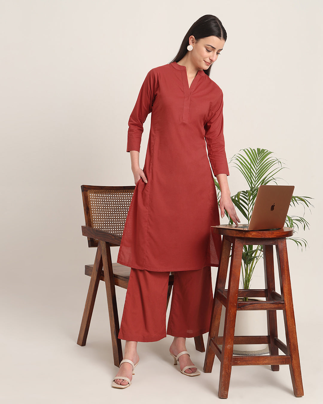 Russet Red Everyday Bliss Notch Neck Solid Co-ord Set
