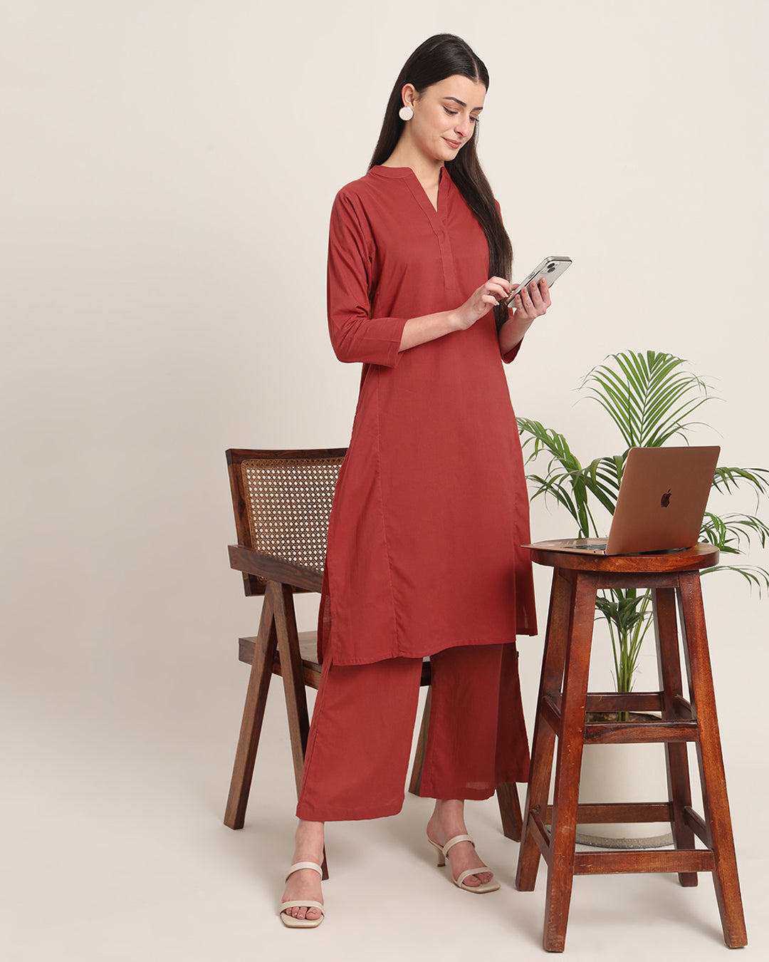 Russet Red Everyday Bliss Notch Neck Solid Co-ord Set
