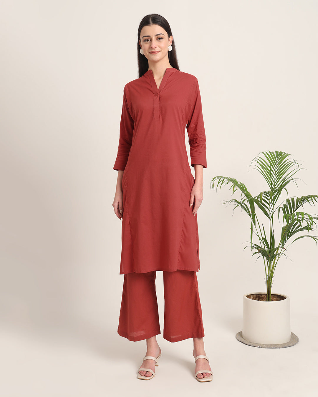 Russet Red Everyday Bliss Notch Neck Solid Co-ord Set