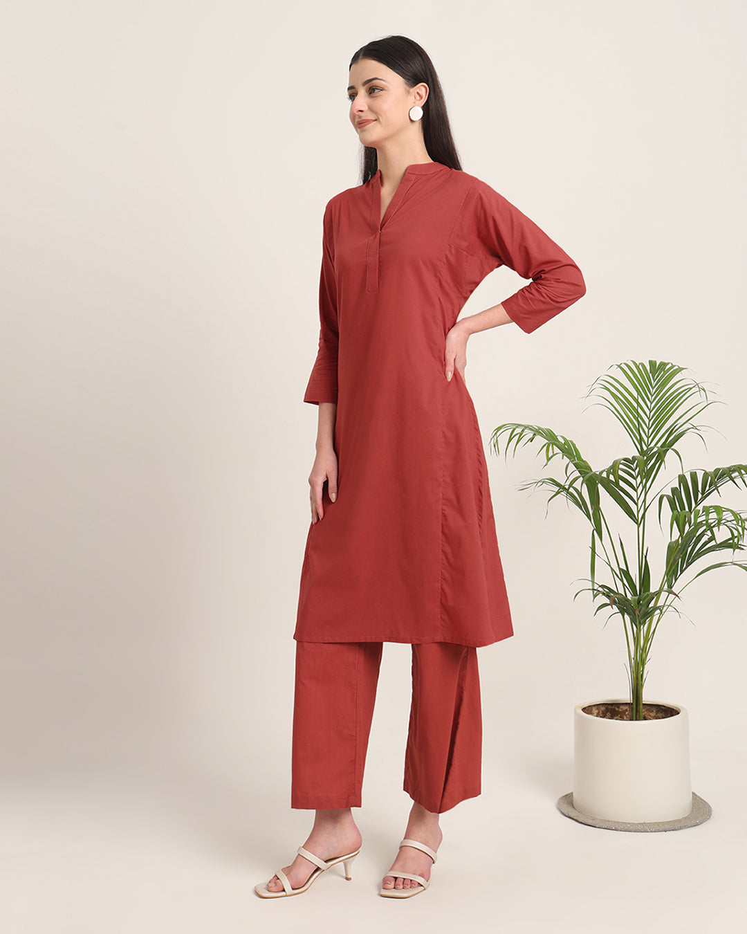 Russet Red Everyday Bliss Notch Neck Solid Co-ord Set