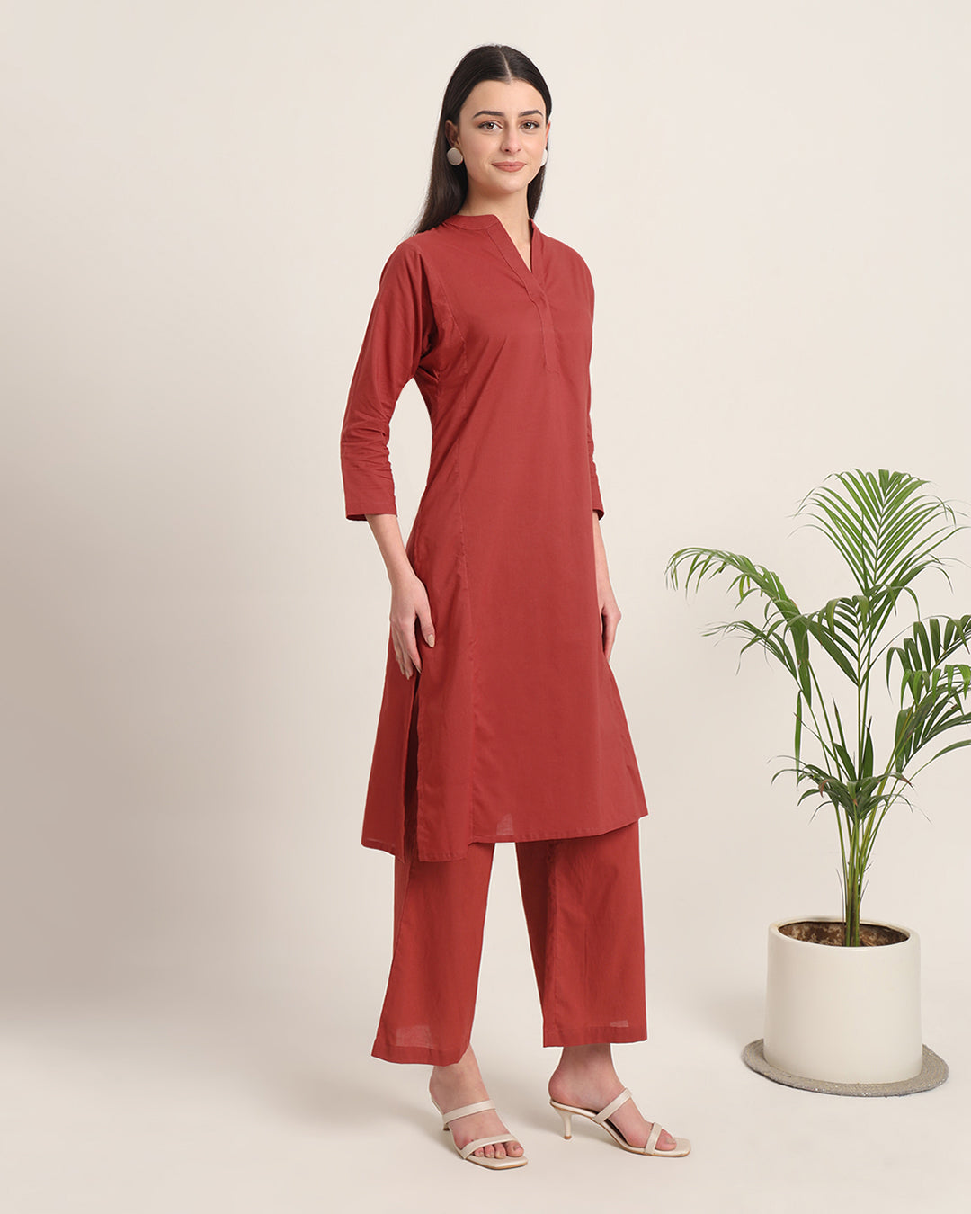 Russet Red Everyday Bliss Notch Neck Solid Co-ord Set