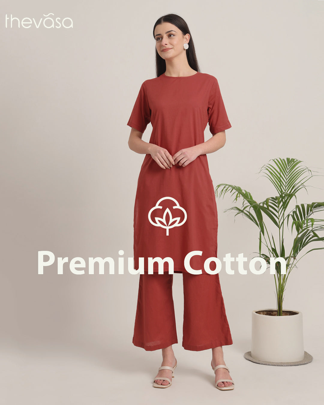 Russet Red Round Neck Long Solid Kurta (Without Bottoms)