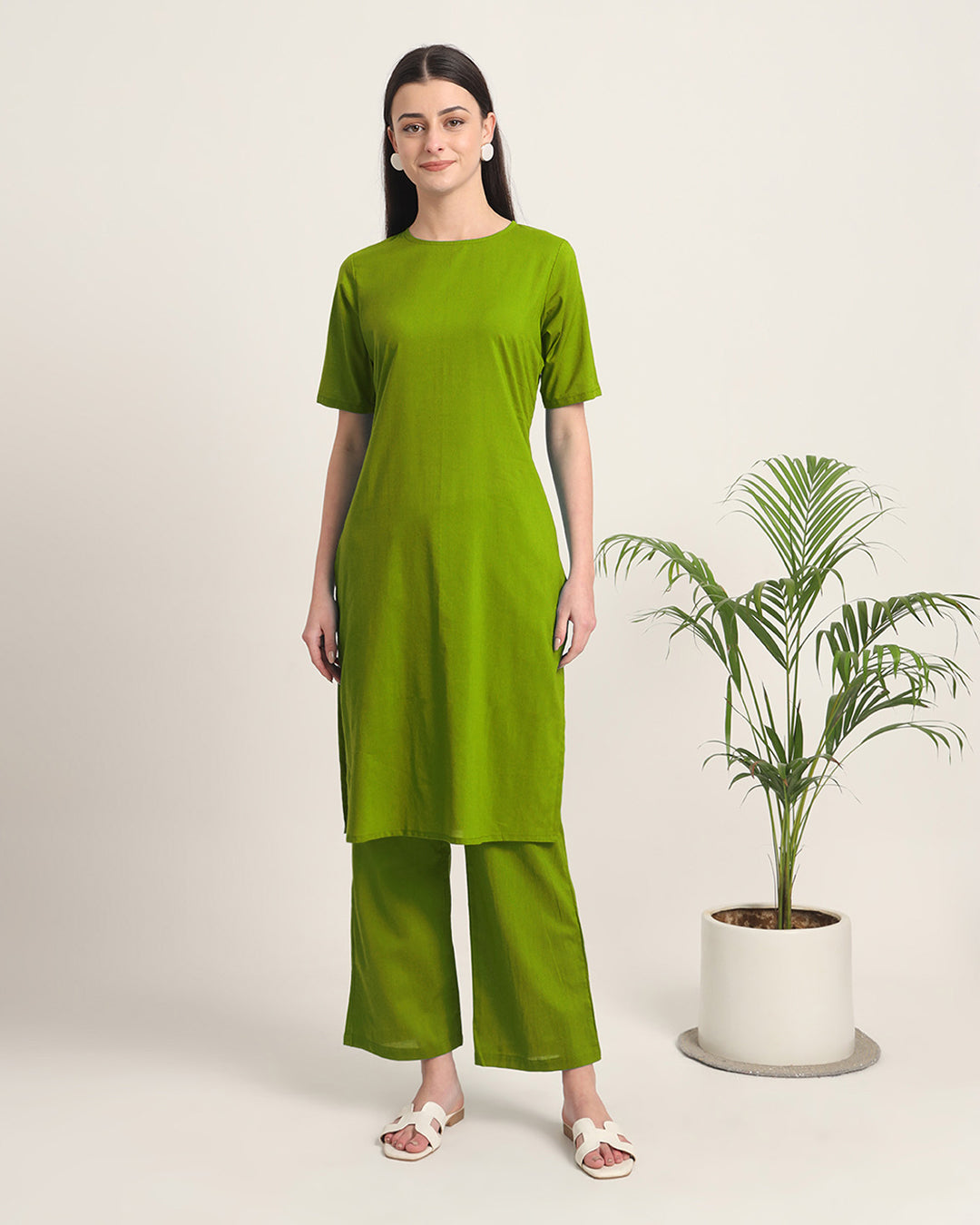 Sage Green Round Neck Long Solid Co-ord Set