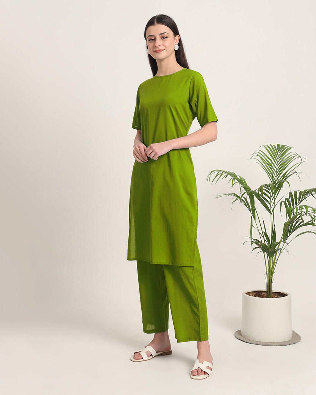 Sage Green Round Neck Long Solid Co-ord Set