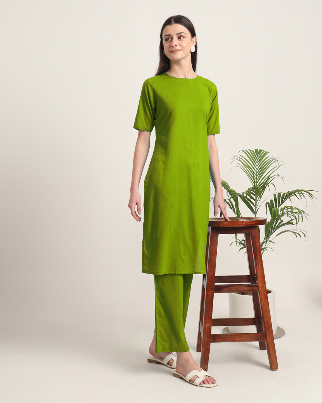 Sage Green Round Neck Long Solid Co-ord Set