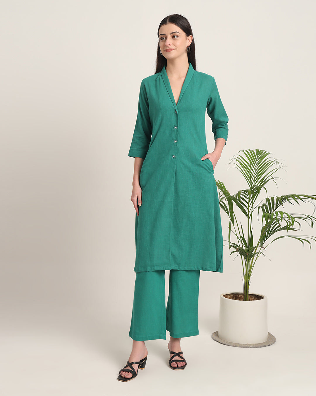 Green Gleam Boho Harmony Flared Solid Co-ord Set