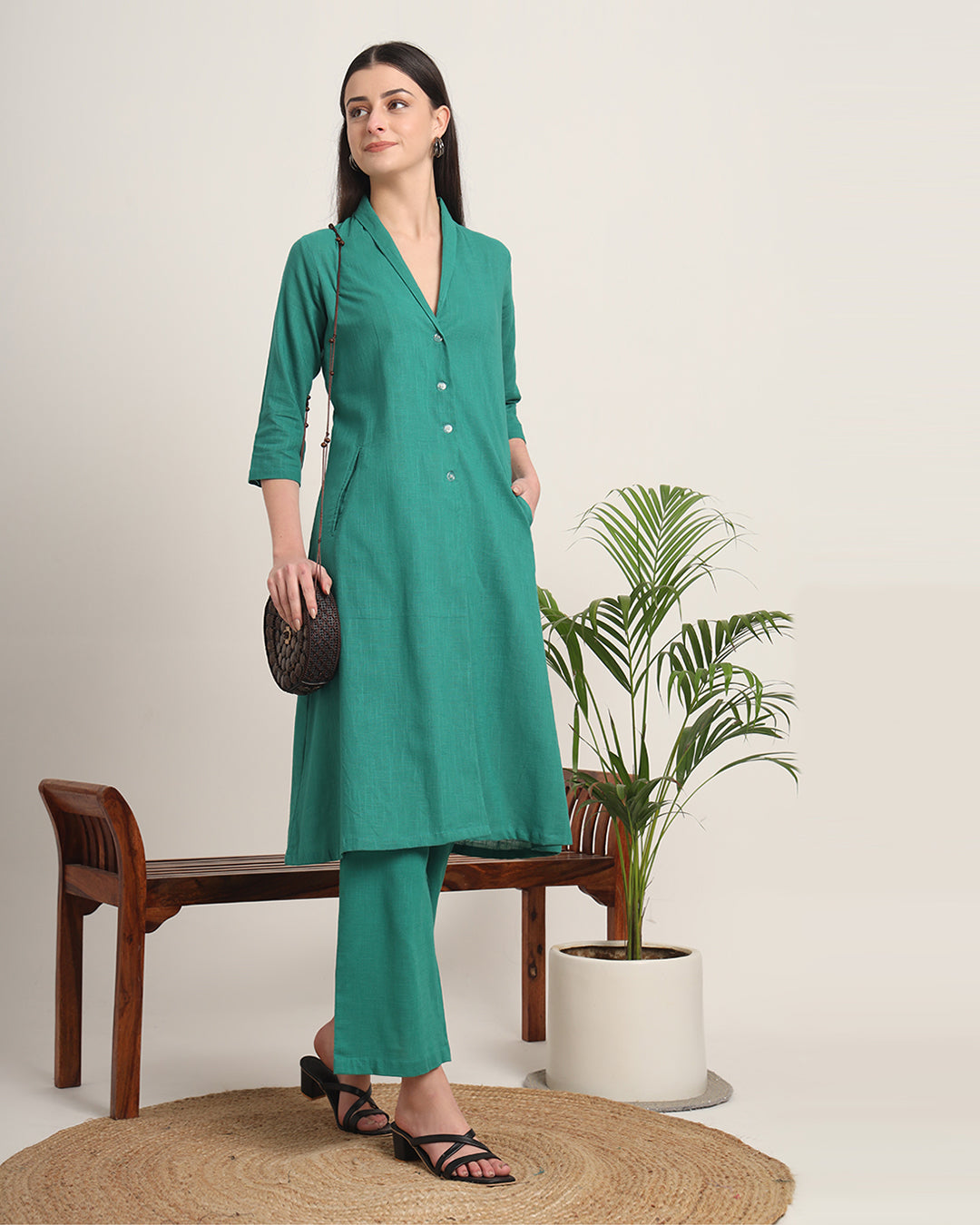 Green Gleam Boho Harmony Flared Solid Co-ord Set