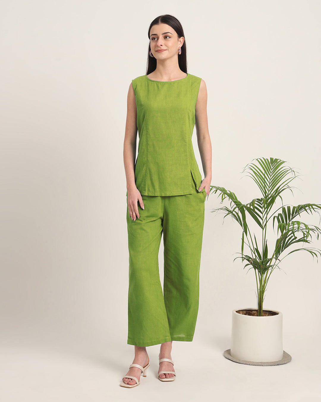 Sage Green Sleeveless Short Length Solid Co-ord Set