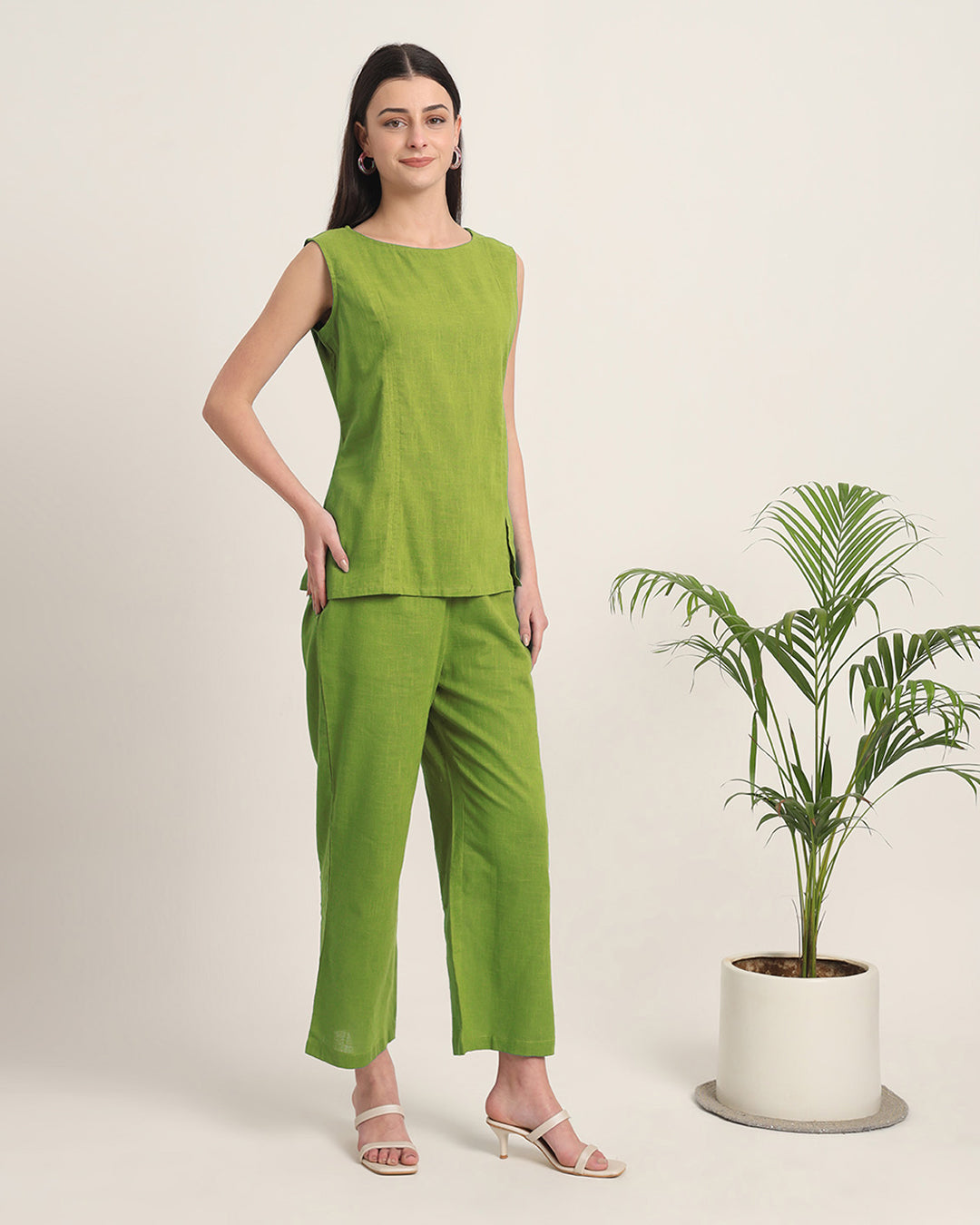 Sage Green Sleeveless Short Length Solid Co-ord Set