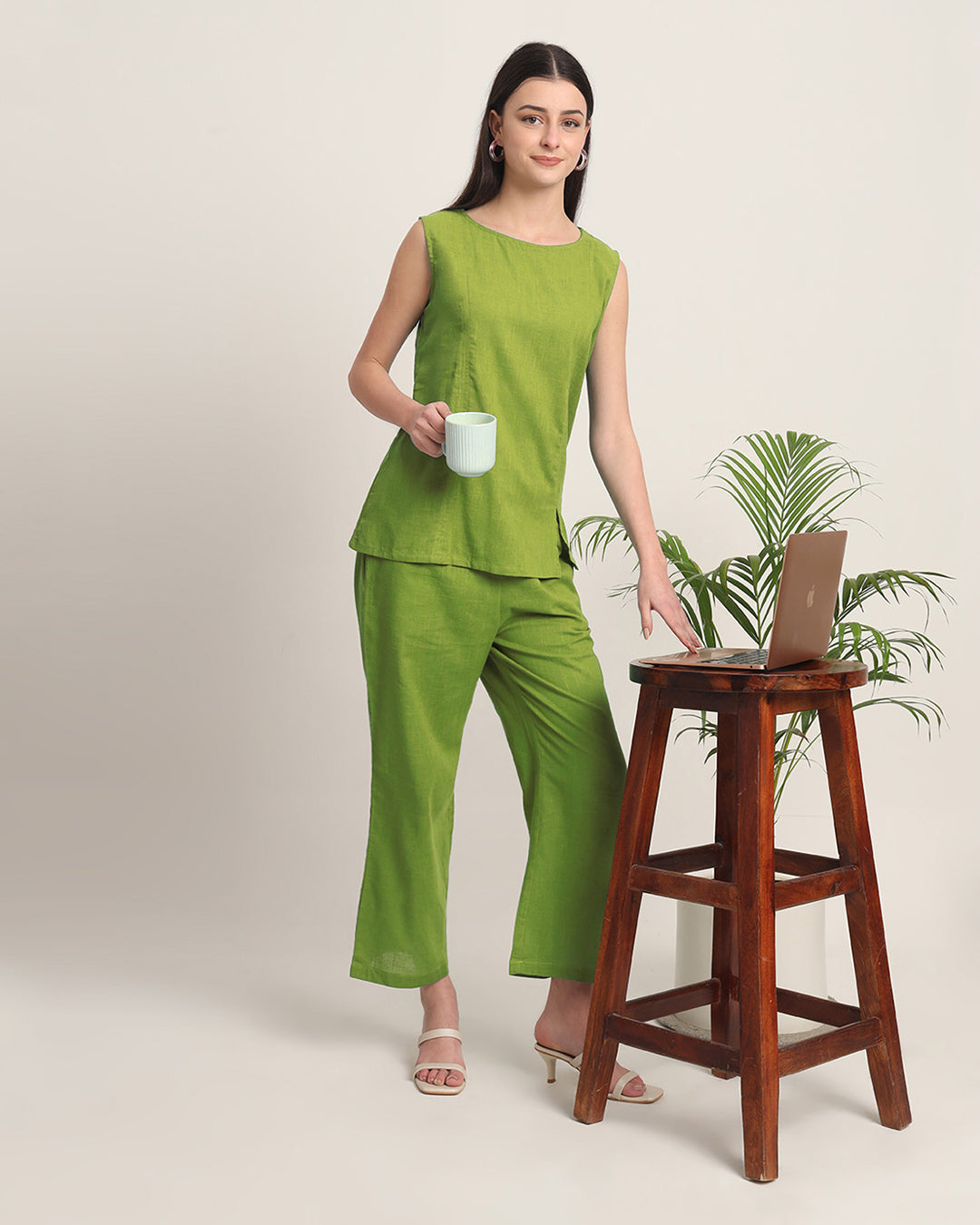 Sage Green Sleeveless Short Length Solid Co-ord Set