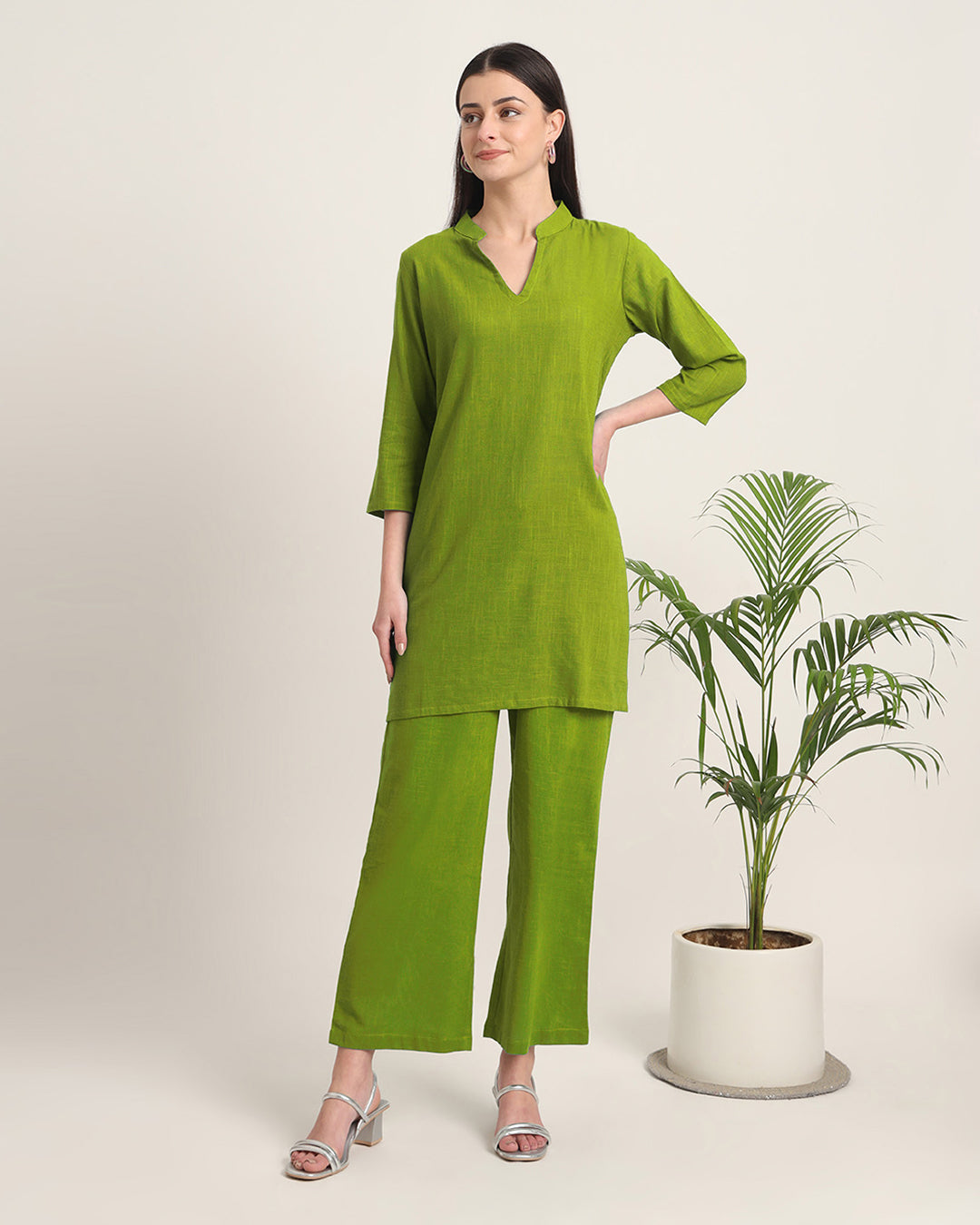 Sage Green Collar Neck Mid Length Solid Co-ord Set