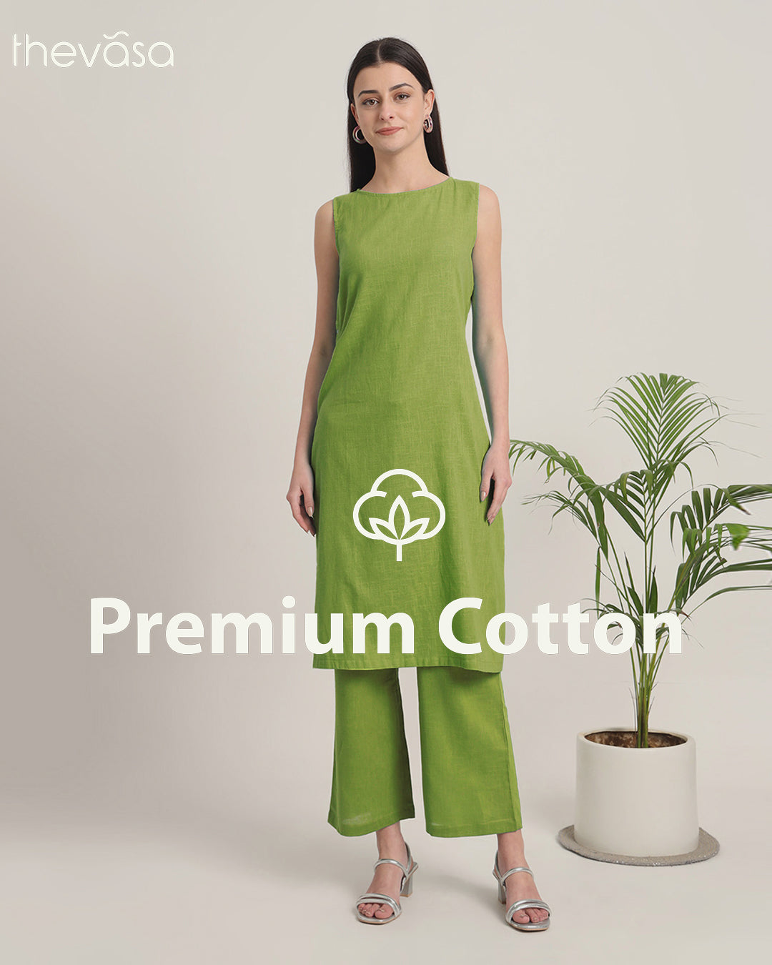 Sage Green Sleeveless Long Solid Kurta (Without Bottoms)