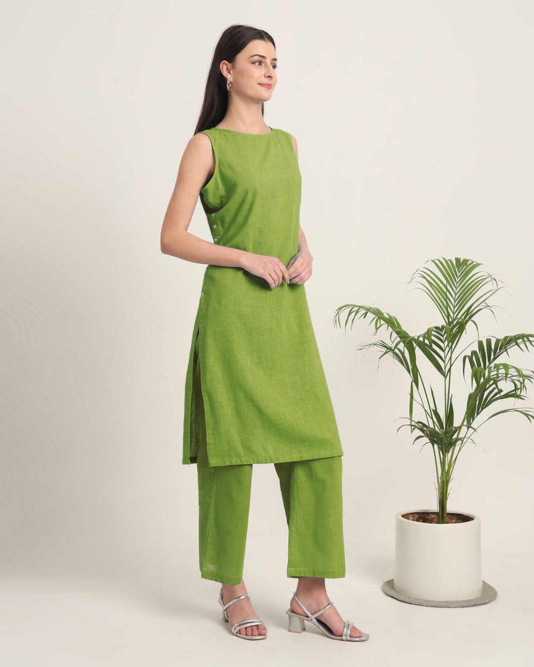 Sage Green Sleeveless Long Solid Kurta (Without Bottoms)