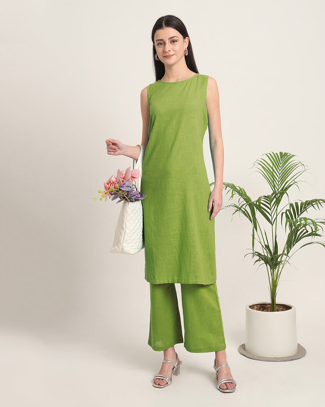 Sage Green Sleeveless Long Solid Kurta (Without Bottoms)