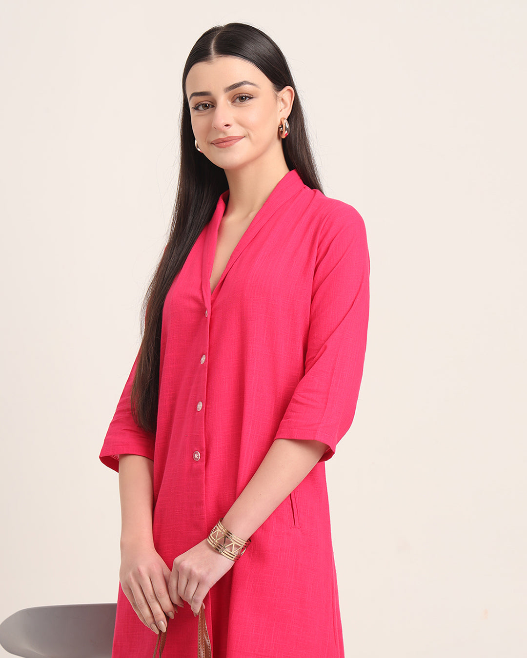 Queen's Gulabi Boho Harmony Flared Solid Kurta (Without Bottoms)