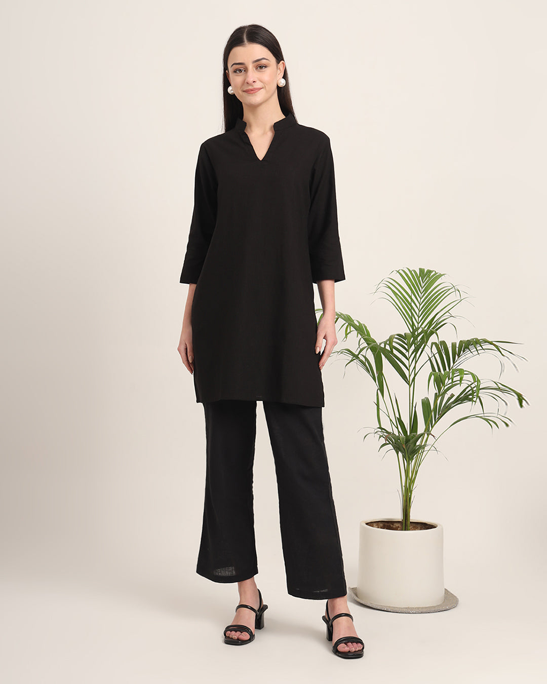 Black Collar Neck Mid Length Solid Co-ord Set