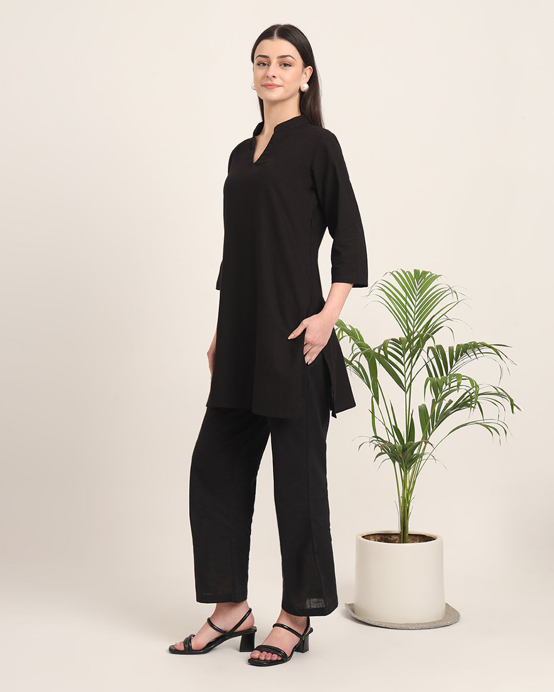 Black Collar Neck Mid Length Solid Co-ord Set