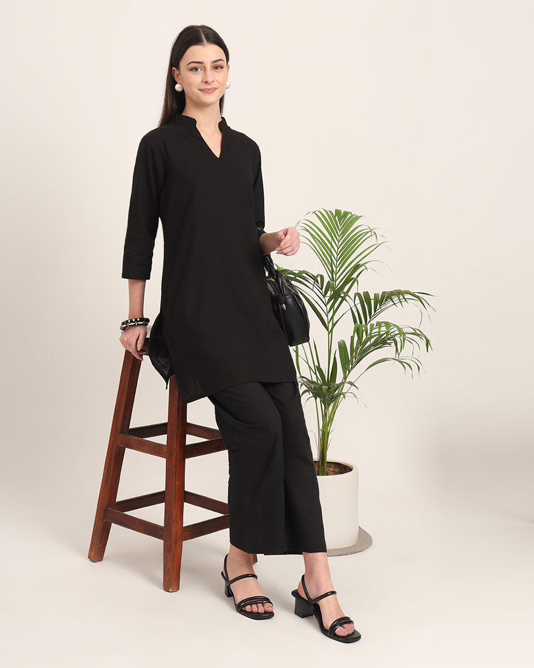 Black Collar Neck Mid Length Solid Co-ord Set