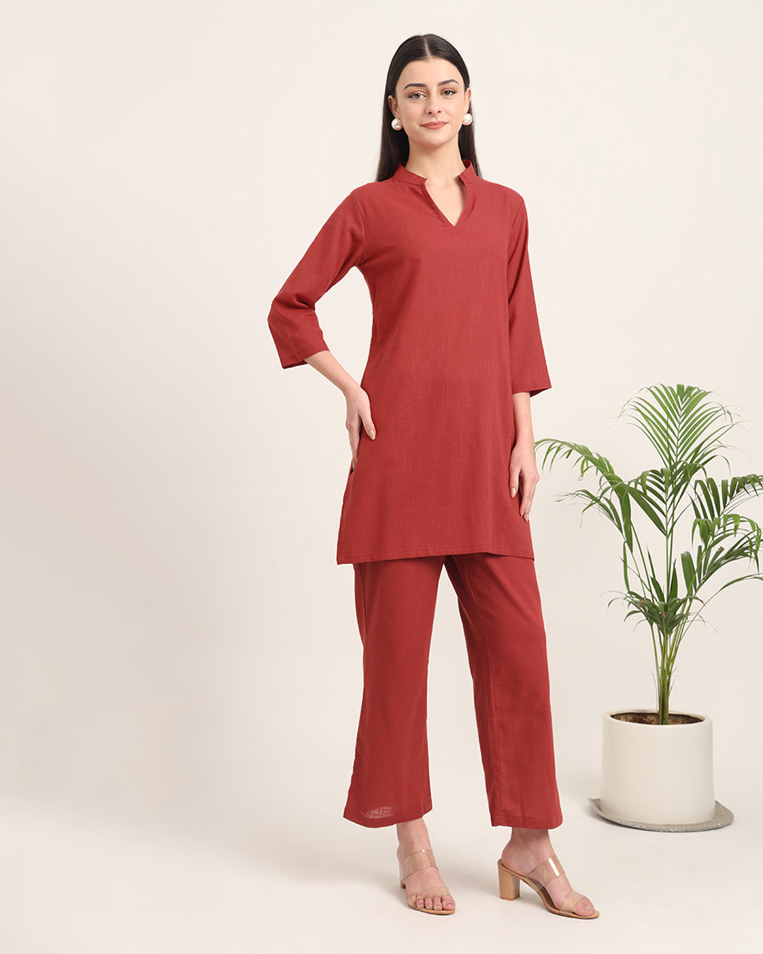 Russet Red Collar Neck Mid Length Solid Co-ord Set