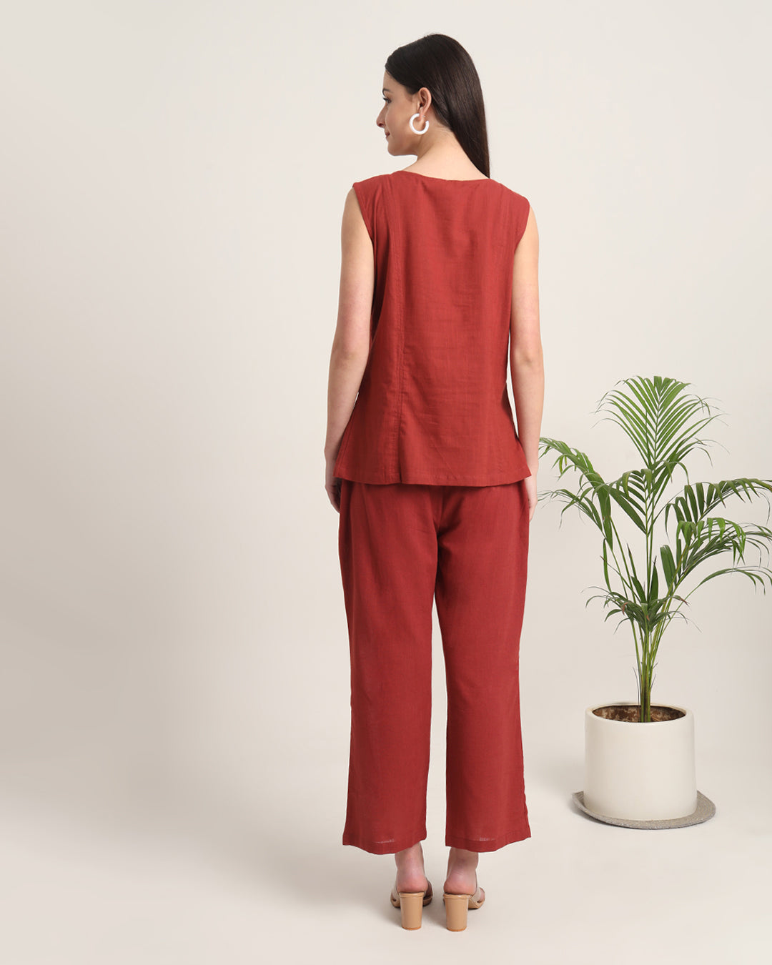 Russet Red Sleeveless Short Length Solid Co-ord Set