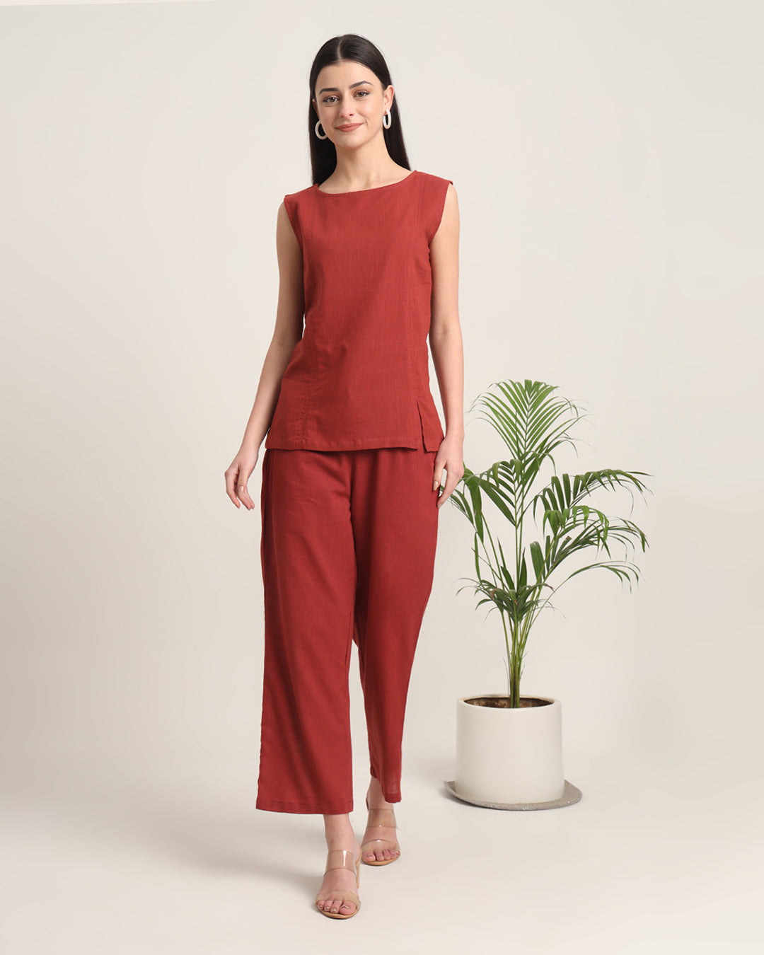 Russet Red Sleeveless Short Length Solid Co-ord Set