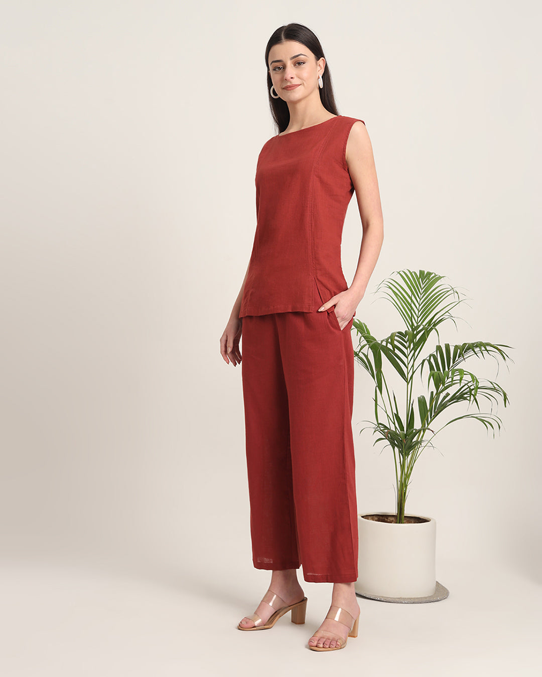 Russet Red Sleeveless Short Length Solid Co-ord Set