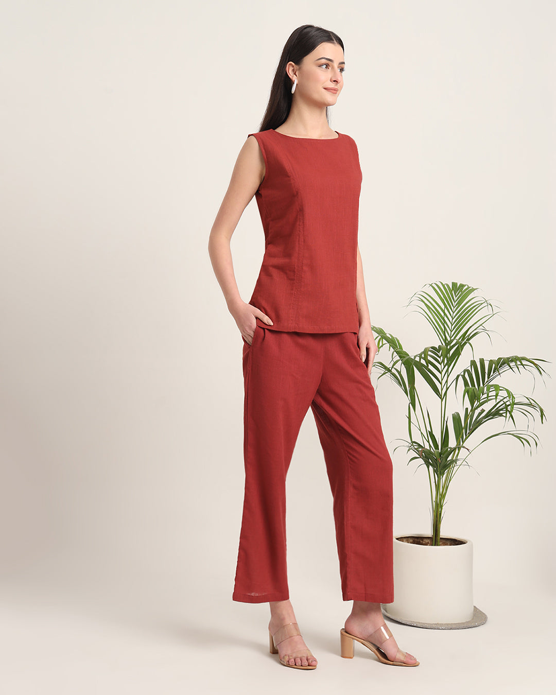 Russet Red Sleeveless Short Length Solid Co-ord Set