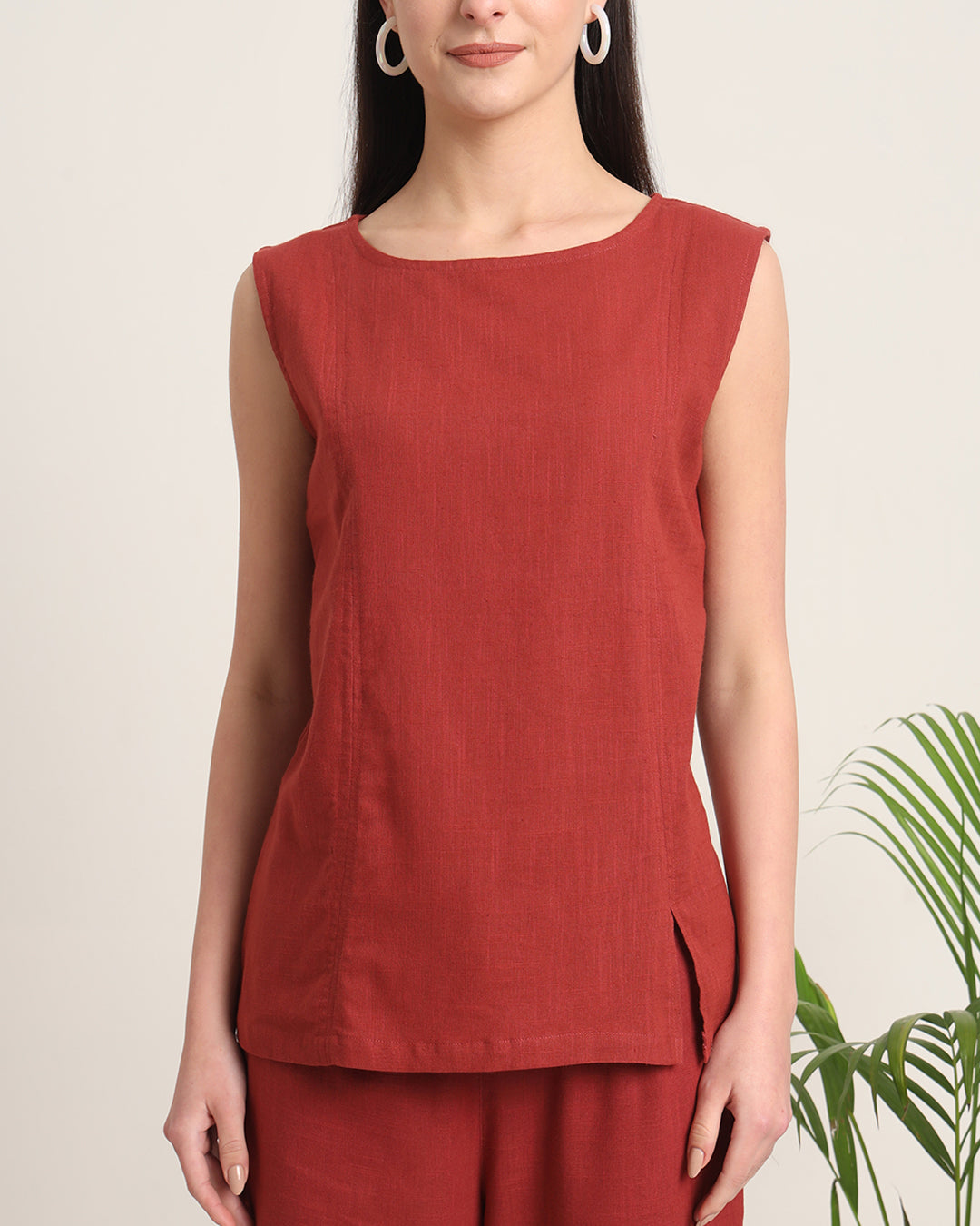 Russet Red Sleeveless Short Length Solid Co-ord Set