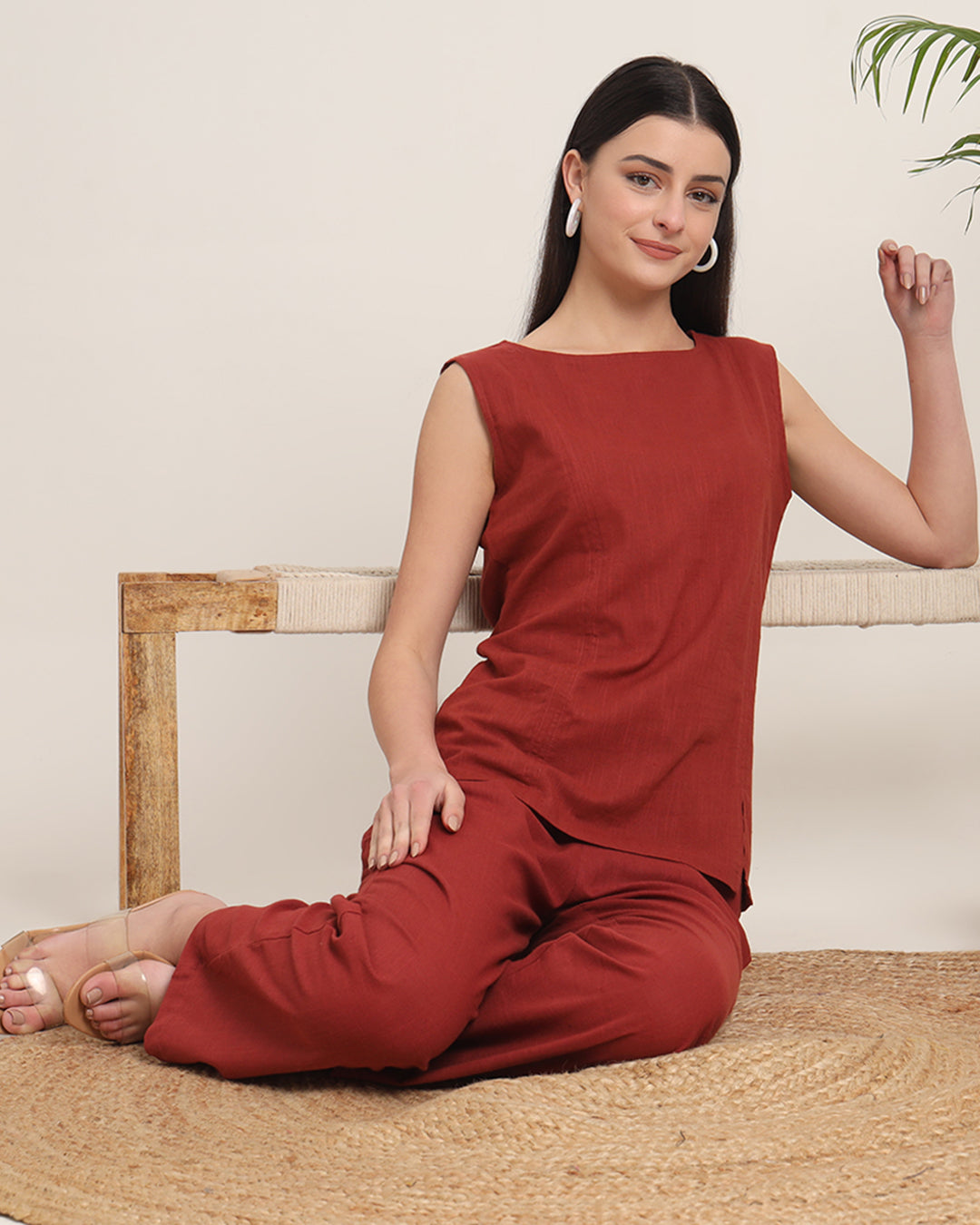 Russet Red Sleeveless Short Length Solid Co-ord Set