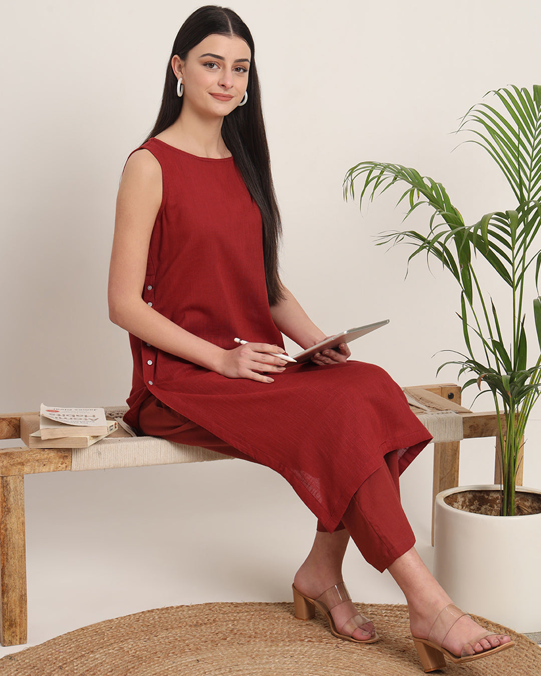 Russet Red Sleeveless Long Solid Kurta (Without Bottoms)