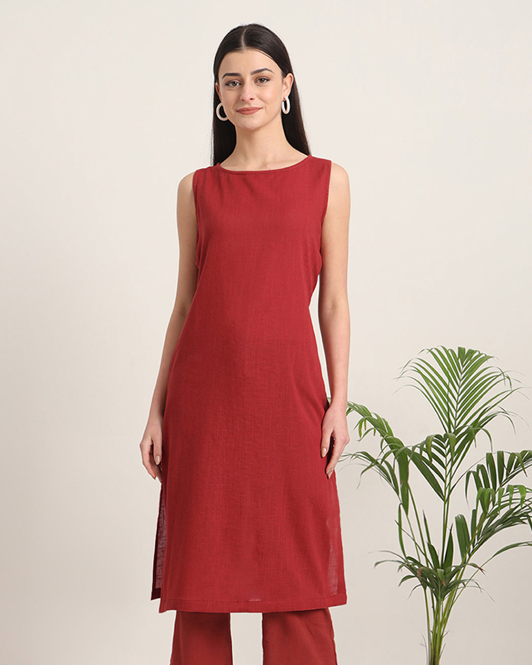 Russet Red Sleeveless Long Solid Kurta (Without Bottoms)