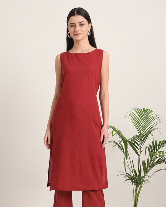 Russet Red Sleeveless Long Solid Kurta (Without Bottoms)