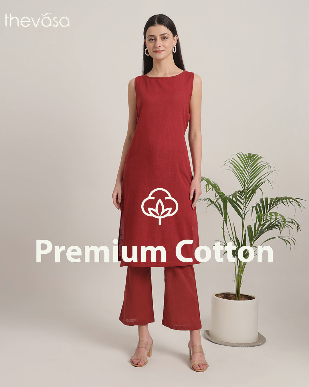 Russet Red Sleeveless Long Solid Kurta (Without Bottoms)