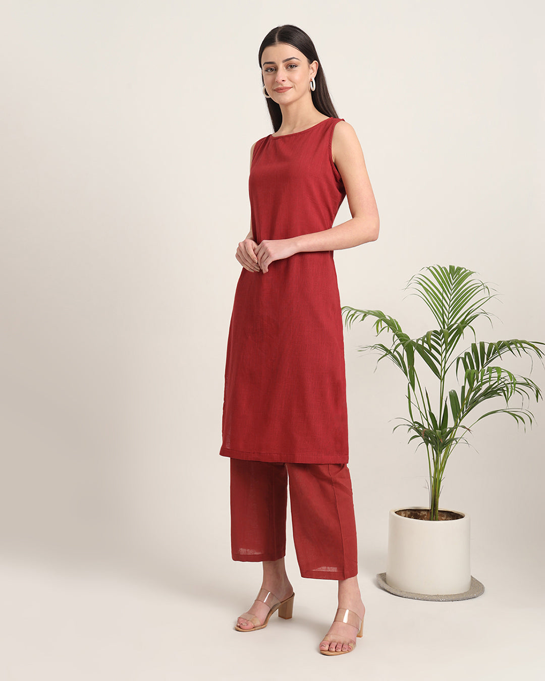 Russet Red Sleeveless Long Solid Kurta (Without Bottoms)