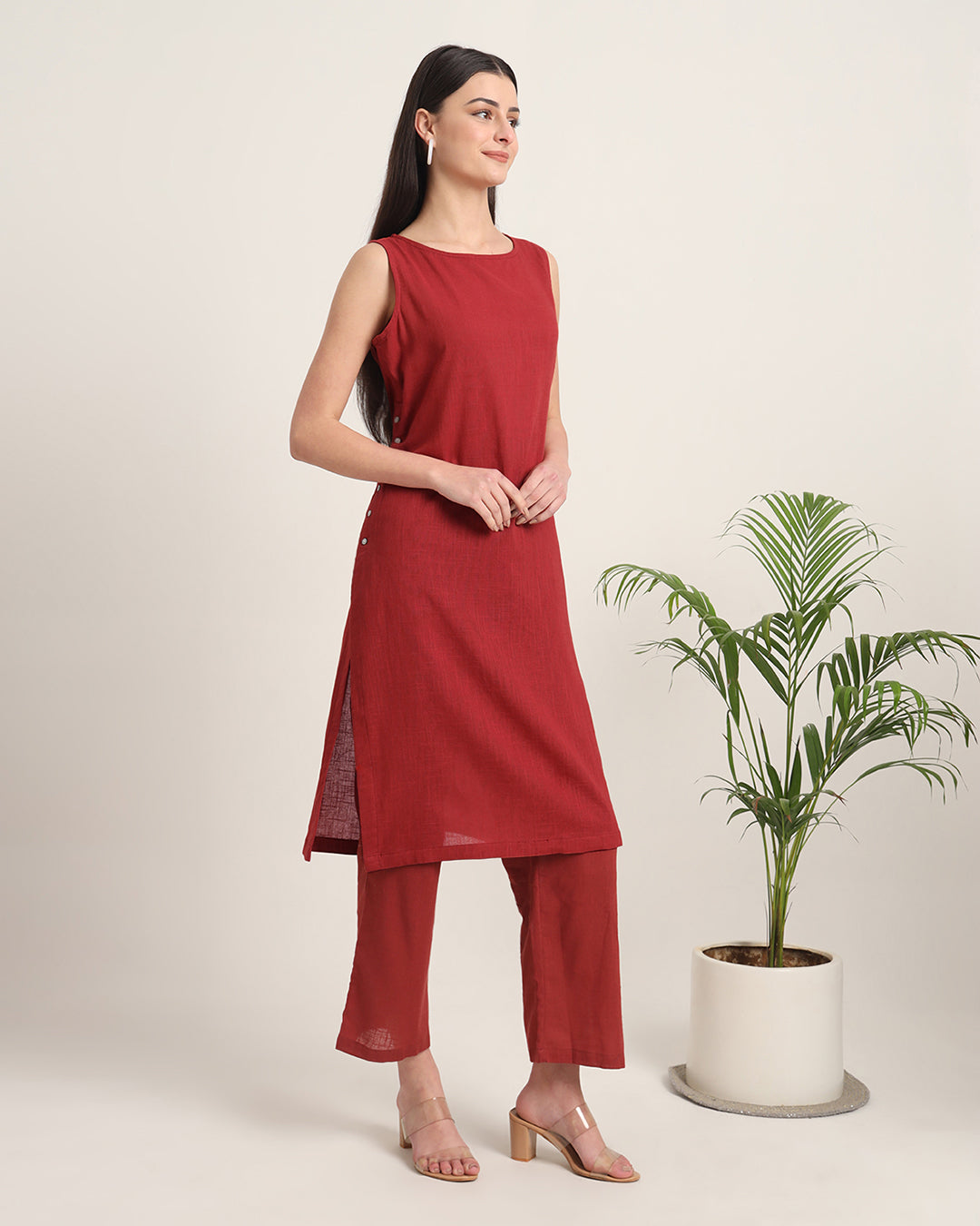 Russet Red Sleeveless Long Solid Kurta (Without Bottoms)