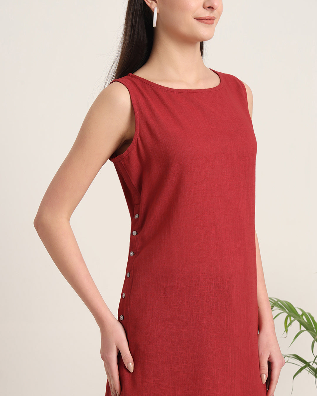 Russet Red Sleeveless Long Solid Kurta (Without Bottoms)