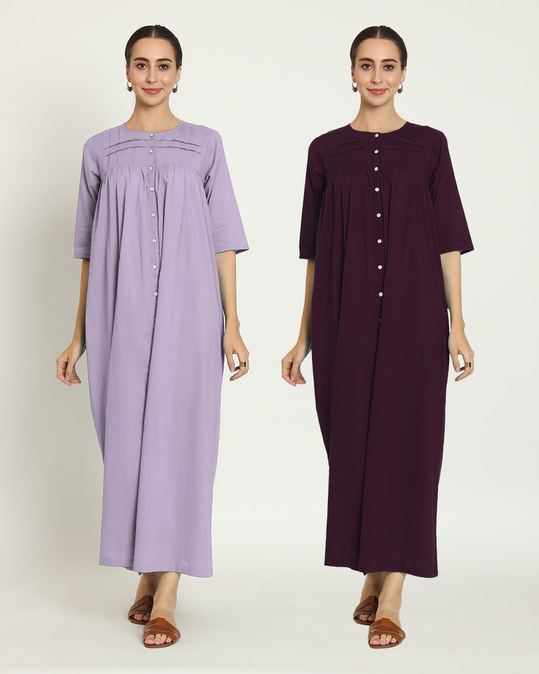 Combo: Lilac & Plum Passion Pleated Paradise Maxi Nightdress- Set Of 2