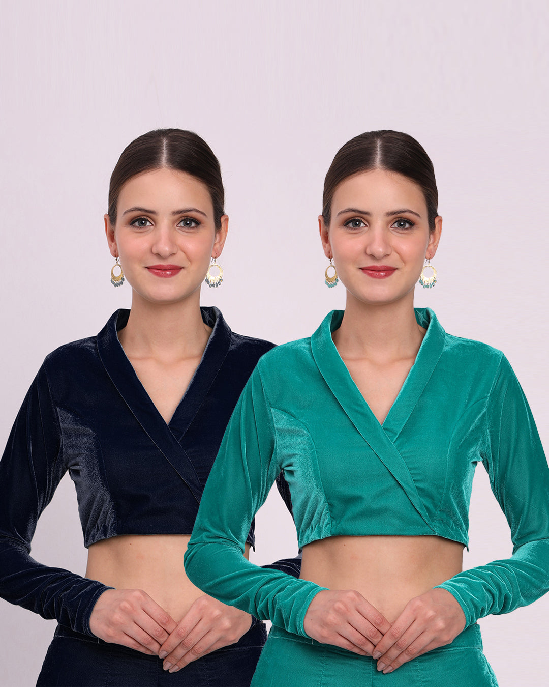 Combo: Midnight Blue & Green Gleam Wrap Fusion Velvet Blouse- Set of 2