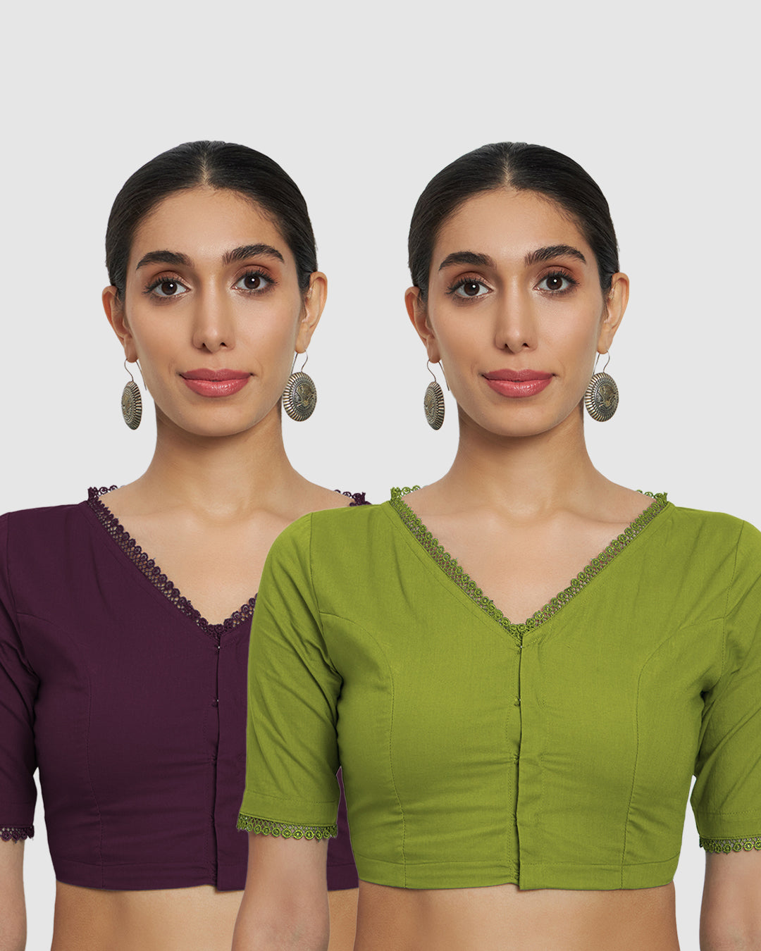 Combo: Plum Passion & Sage Green V Neck Lace Medley Blouse- Set of 2