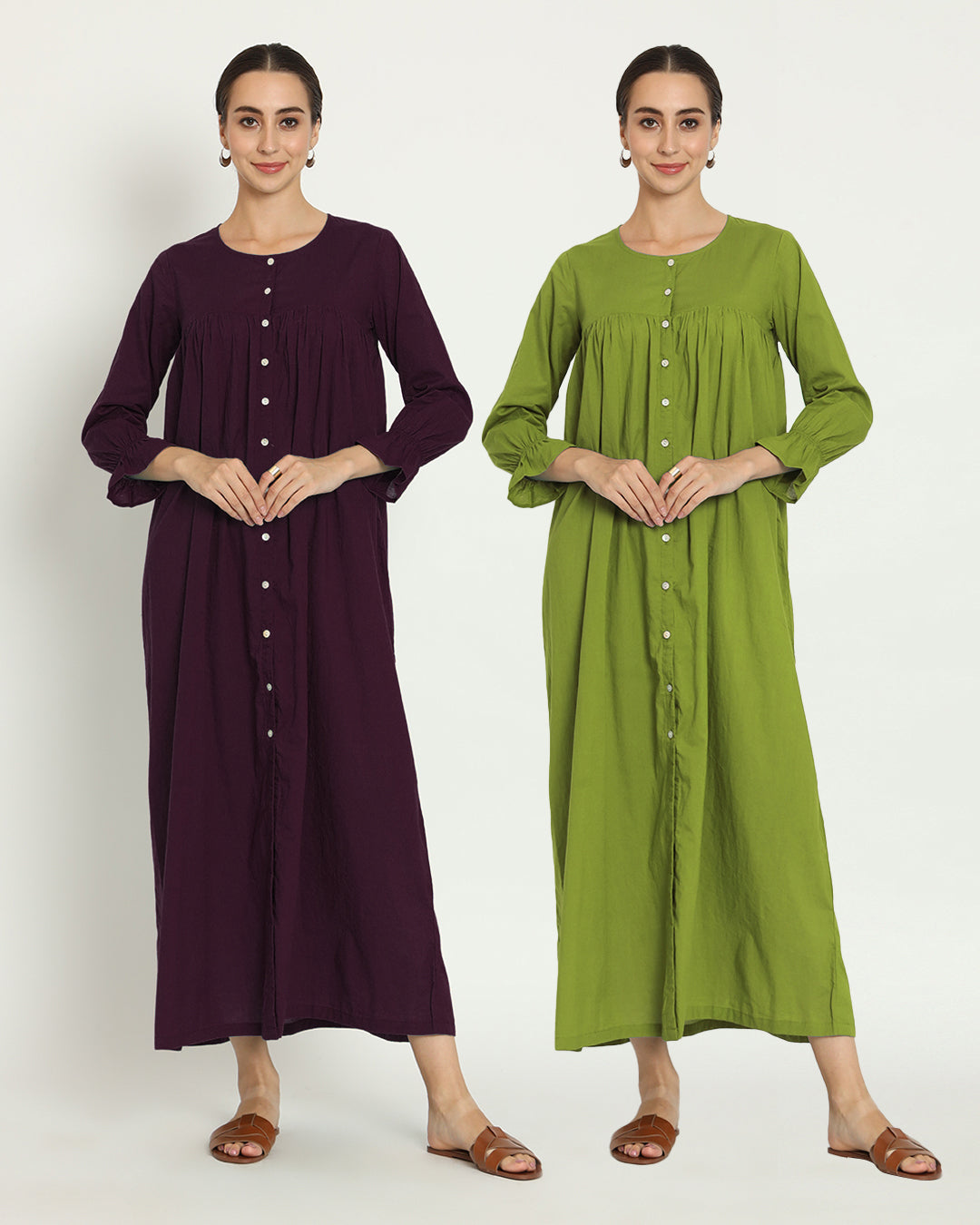 Combo: Plum Passion & Sage Green Dreamy Drift Nightdress- Set Of 2