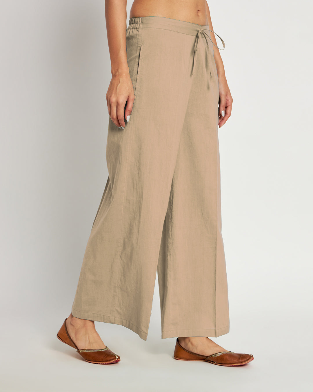 Combo: Beige & Russet Red Wide Pants- Set Of 2