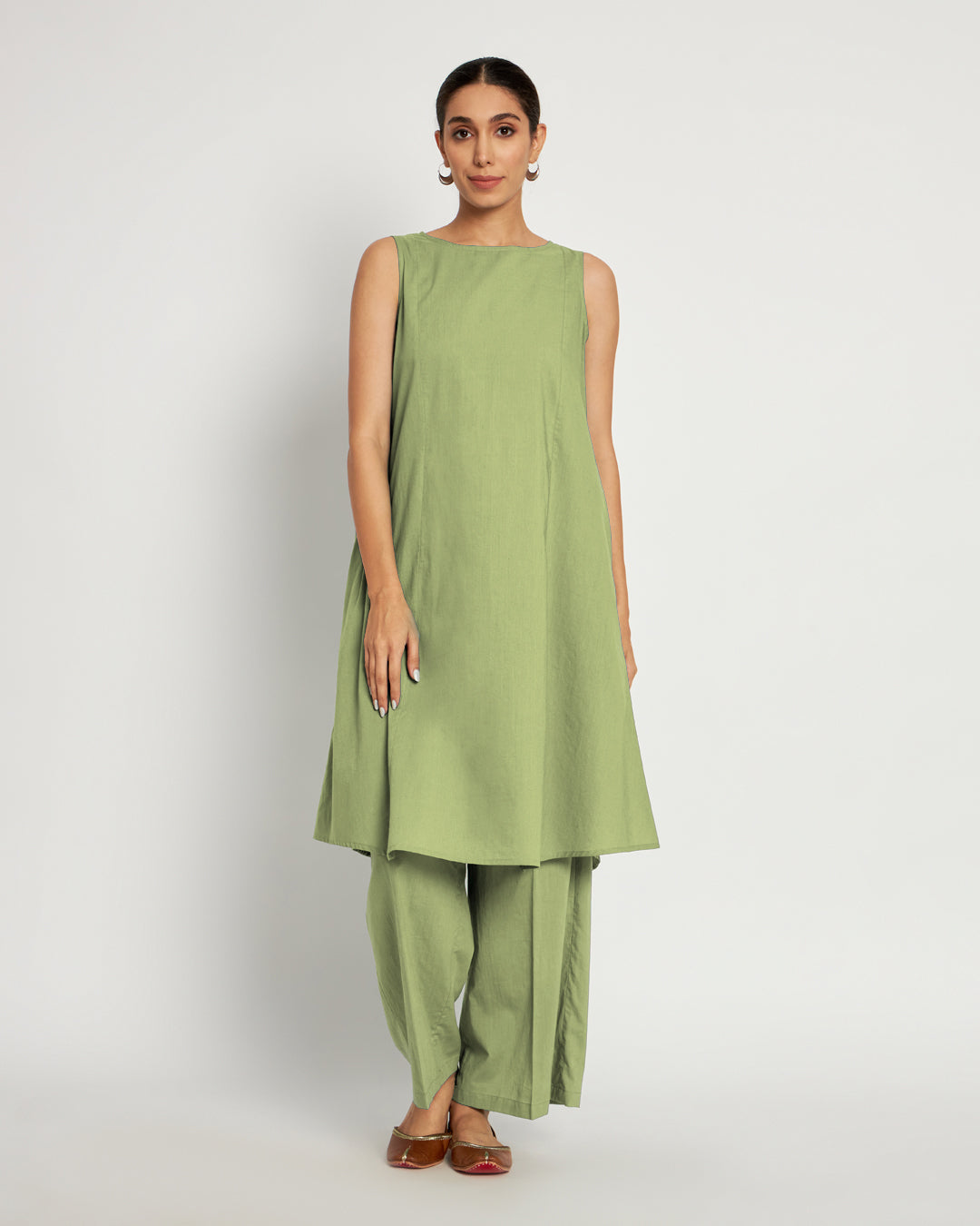 Sage Green Sleeveless A-Line Solid Co-ord Set