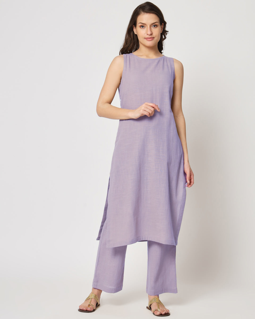 Lilac Sleeveless Long Length Solid Co-ord Set