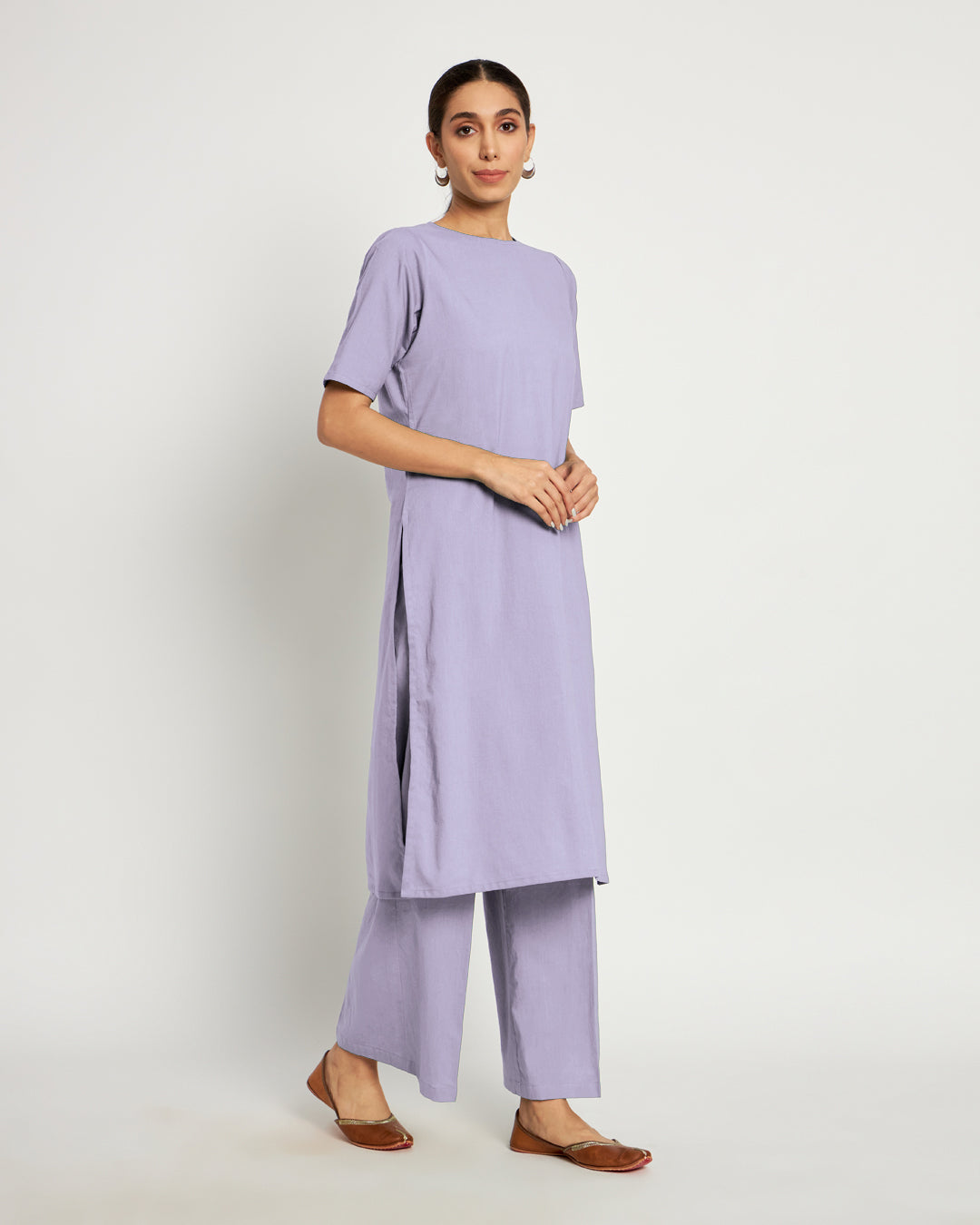 Lilac Round Neck Long Solid Kurta (Without Bottoms)