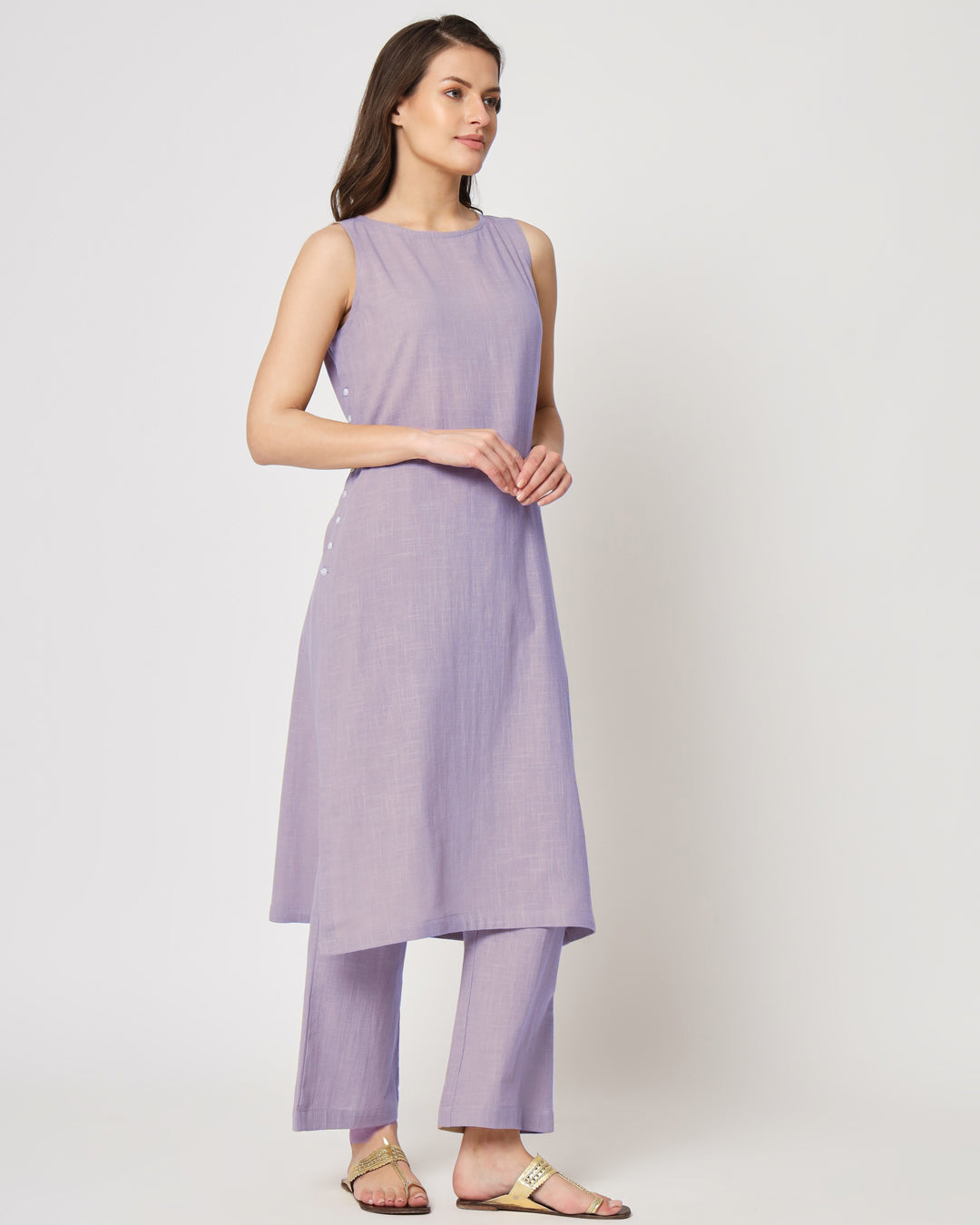 Lilac Sleeveless Long Length Solid Co-ord Set