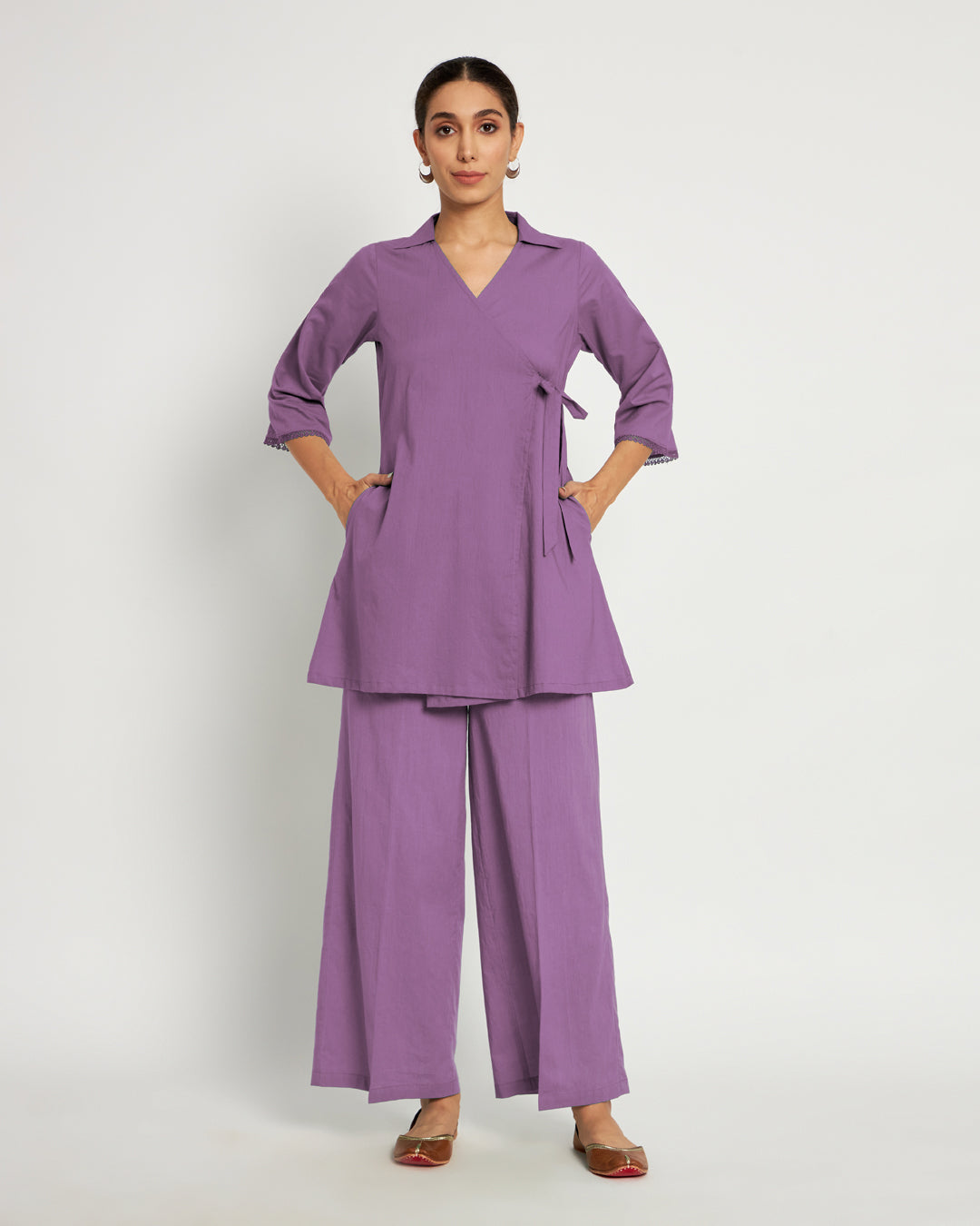 Wisteria Purple Collar Neck Angrakha Solid Co-ord Set